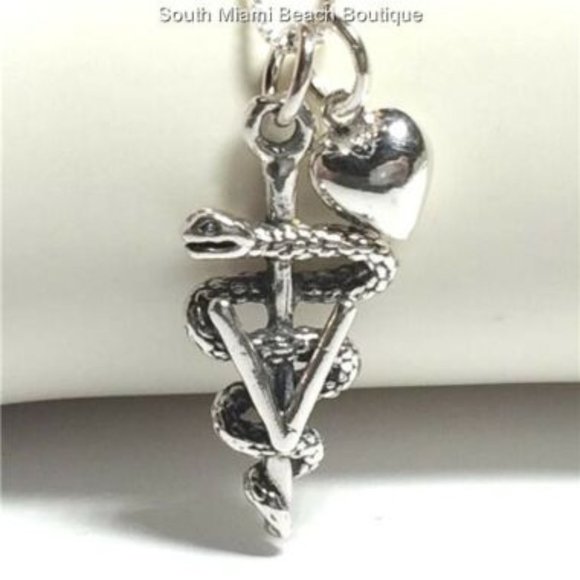 Sterling Silver Veterinarian Caduceus Necklace Doctor Vet Tech Graduation Gift - Picture 3 of 12